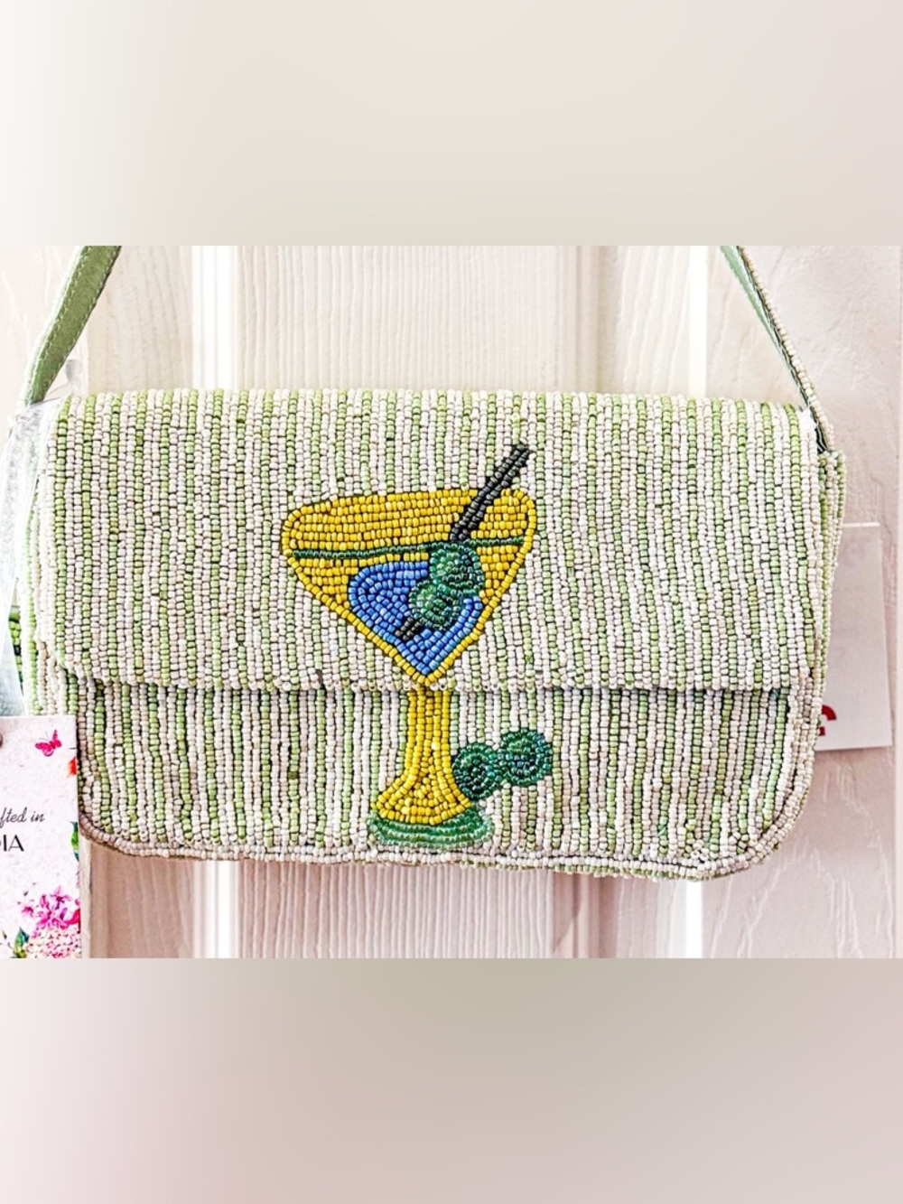 Beaded Cocktail Clutch Shoulder Bag - Light Green